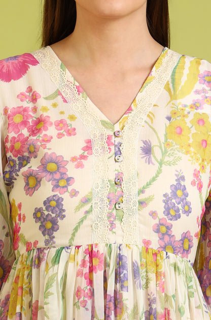 Floral Printed Flared Polyester Dress - Image 5